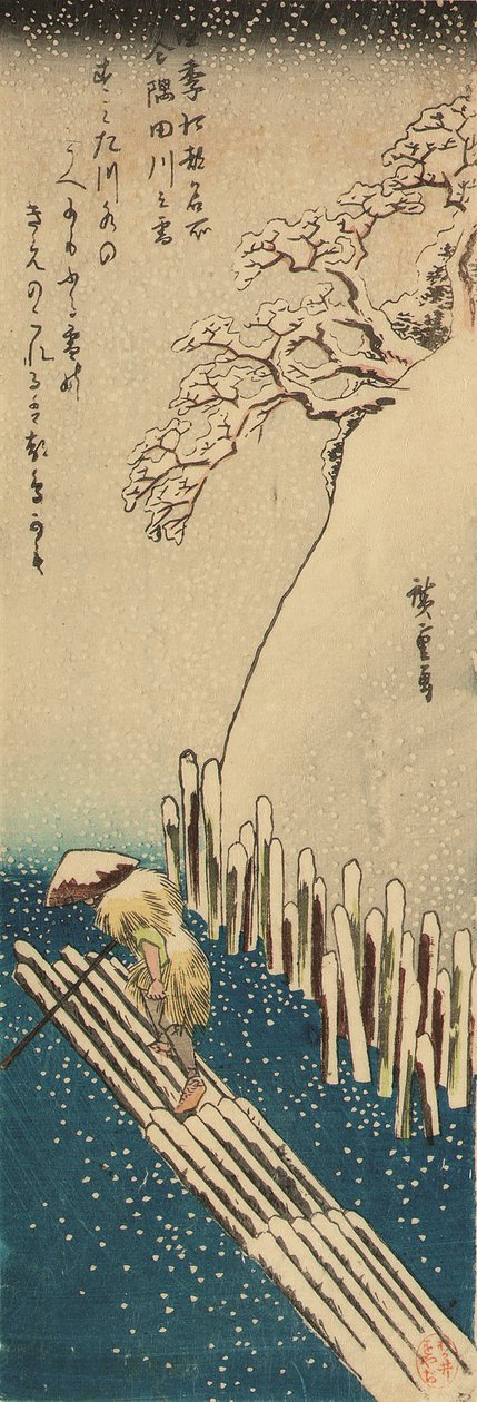 Vintersnö på Sumida-floden, från serien Berömda platser i Edo under de fyra årstiderna (träsnitt) av Ando or Utagawa Hiroshige