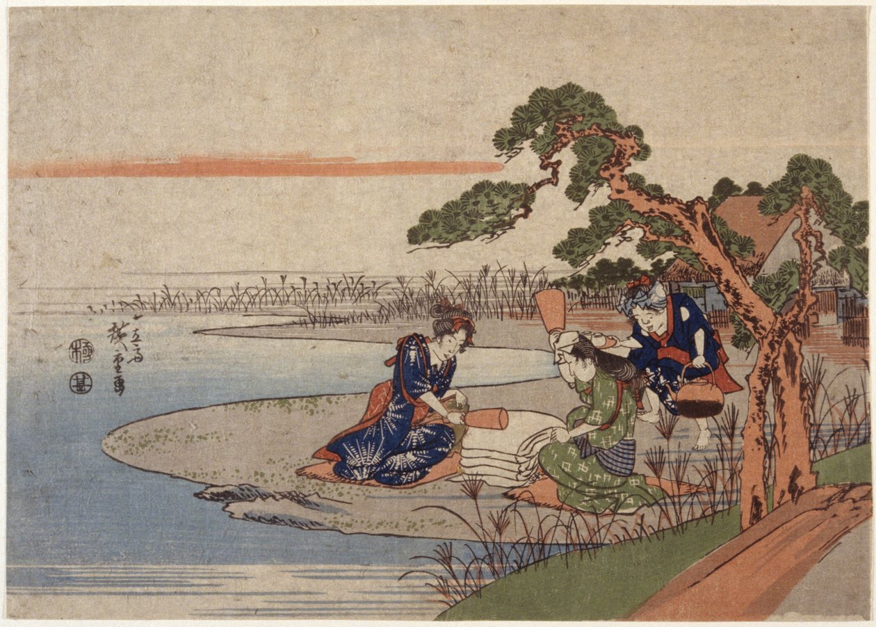Kvinnor förbereder tyg (trätryck i färg) av Ando or Utagawa Hiroshige