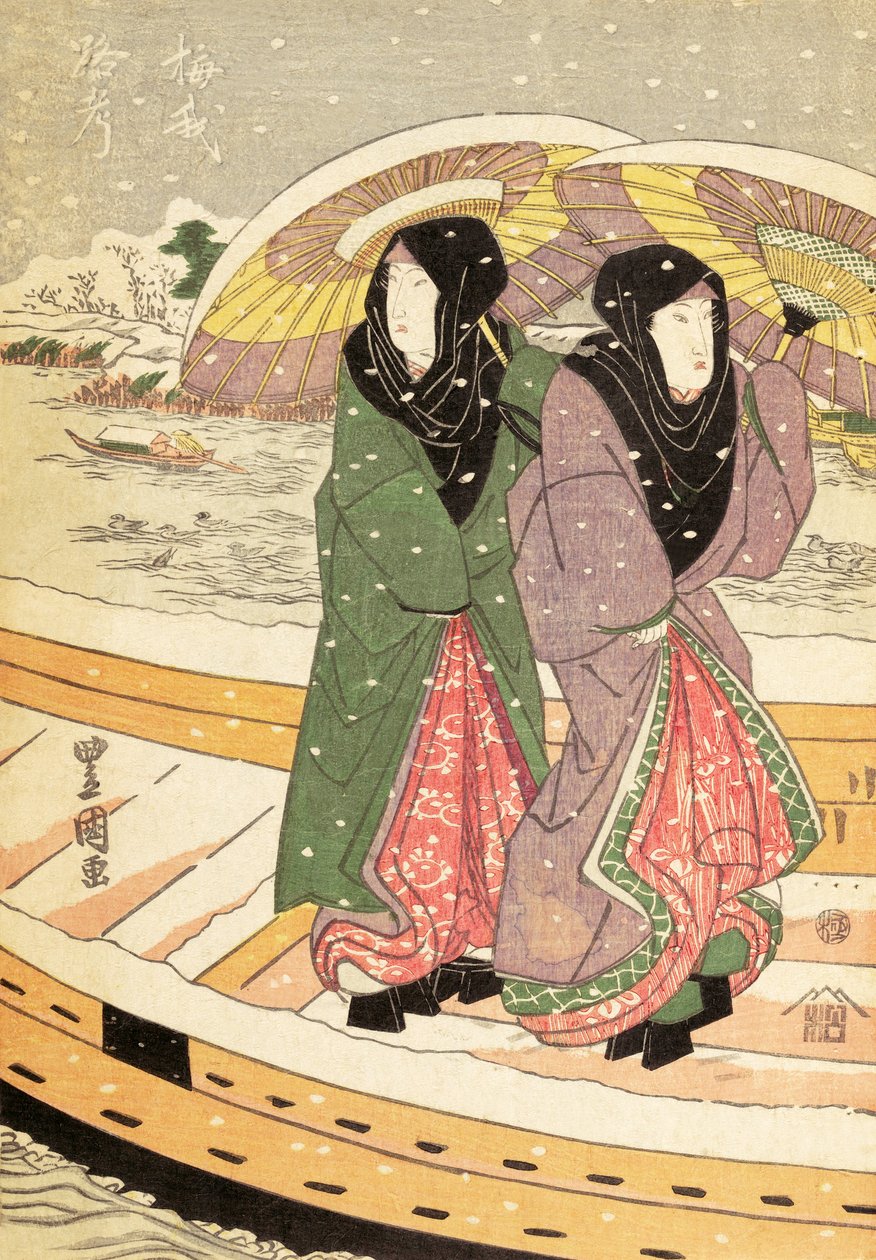 Kvinnor som går över en bro i snö, pub.c.1848 (träblockstryck i färg) av Ando or Utagawa Hiroshige