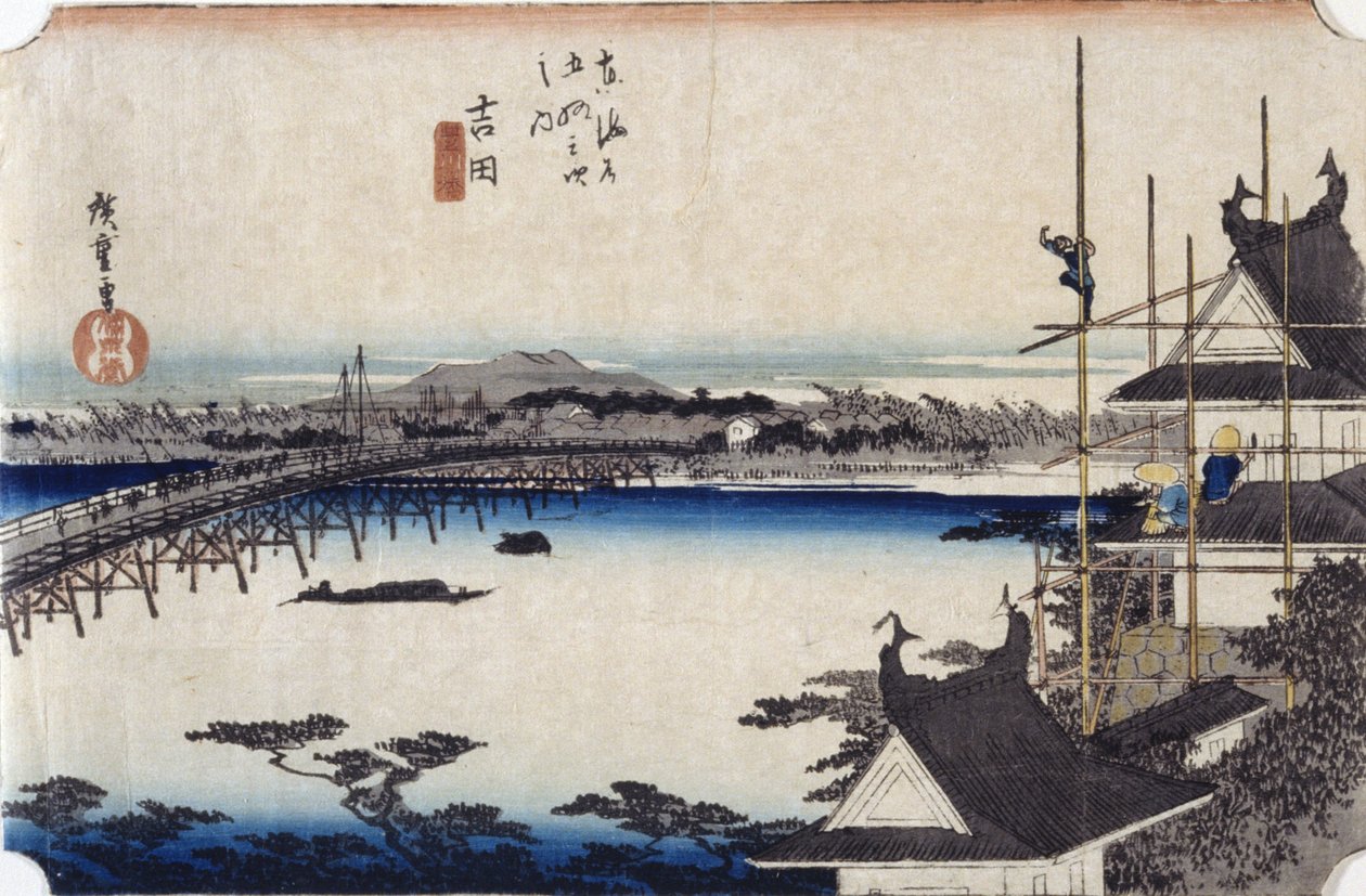 Yoshida (träblock i färg) av Ando or Utagawa Hiroshige