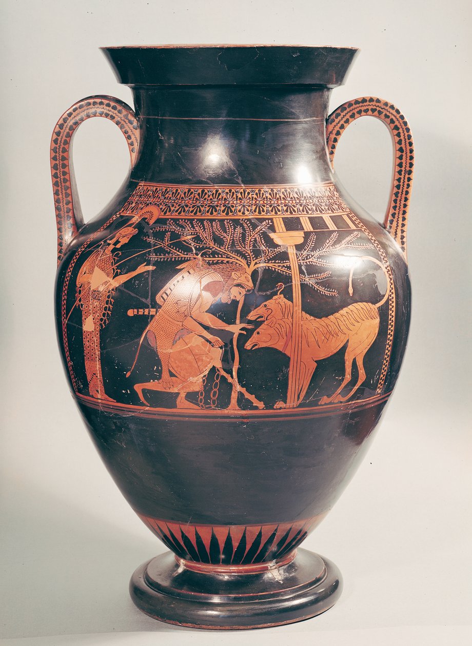 Attic röd-figur buken amfora föreställer Herakles fångar Kerberus, grekiska, från Aten, 6: e århundradet f.Kr. (keramik) av Andokides Painter
