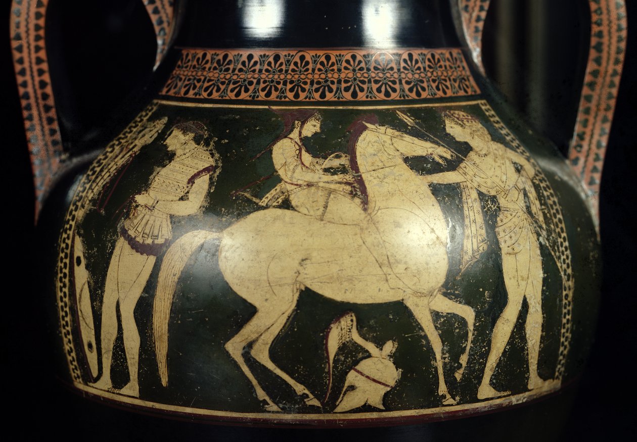 Attic vitfigur amfora som föreställer amazoner som förbereder sig för strid, ca 525-520 f.Kr. (keramik) (detalj) av Andokides Painter