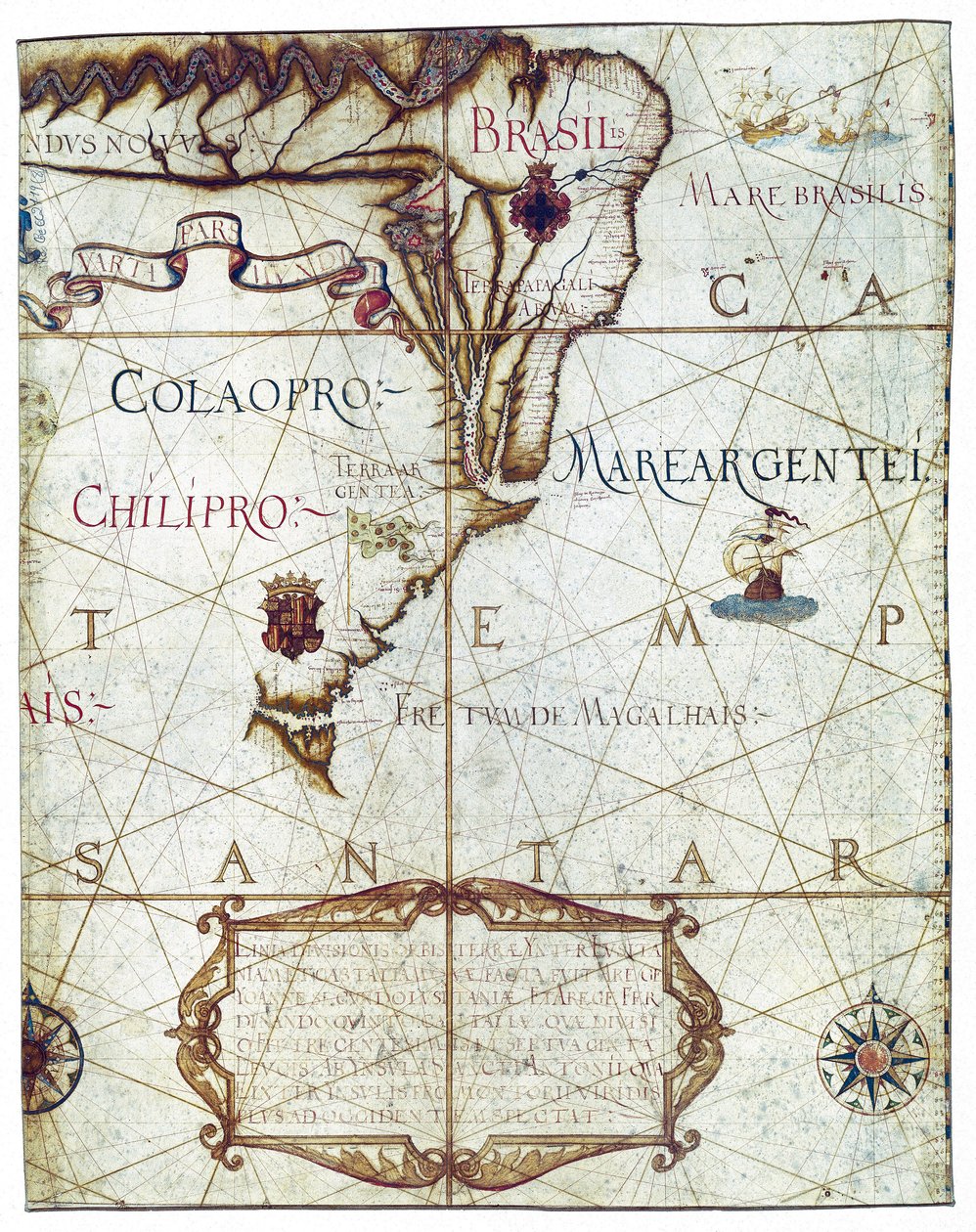 Karta över Sydamerika, i Universa och Navigabilis Totius Terrarum Orbis Descriptio 1559 (färgmanuskript) av André Homem