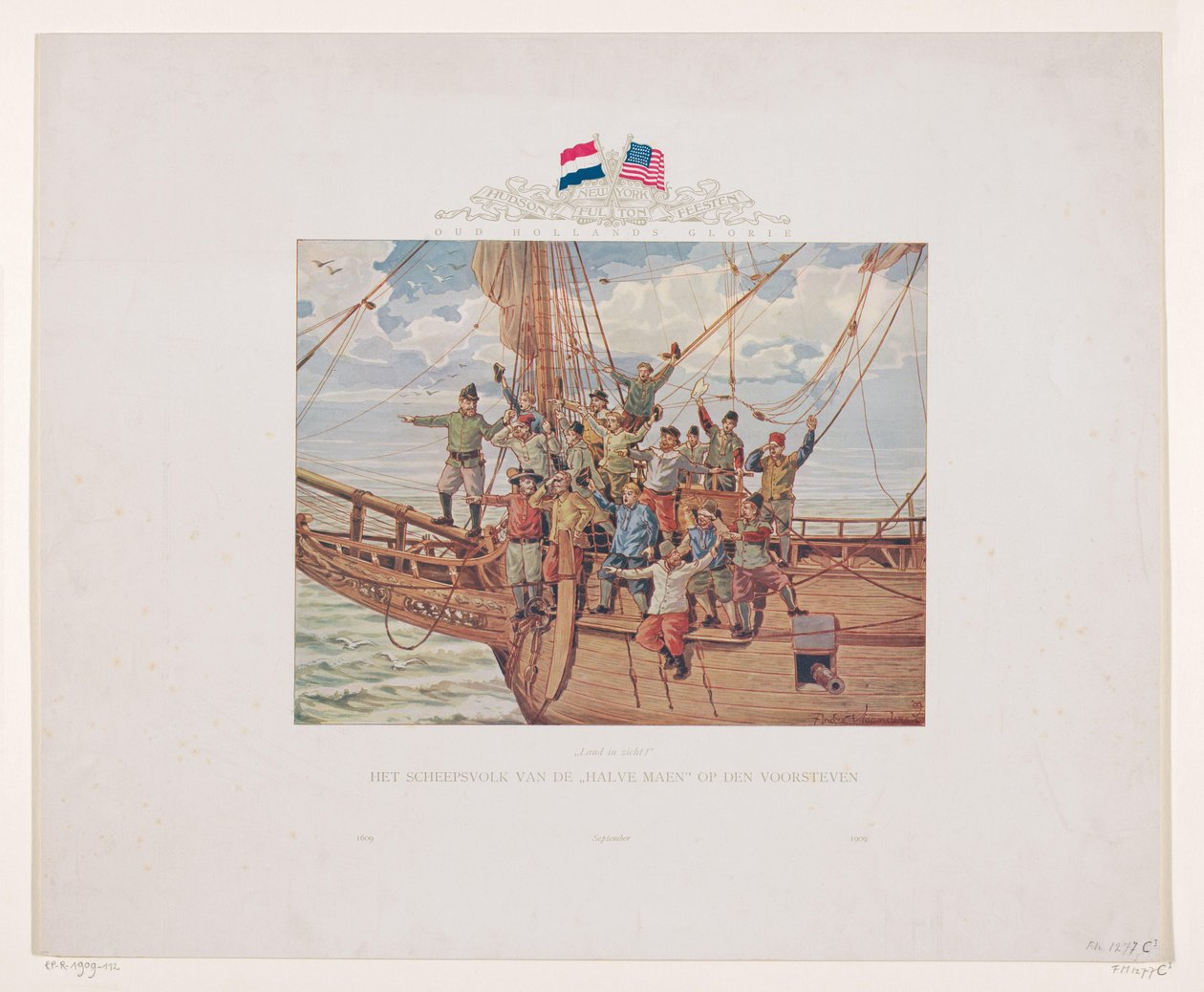 Henry Hudsons skepp, Halve Maen, närmar sig den nordamerikanska kusten, 1609 Land i sikte! Fartygets besättning på Halve Maen på fören (titel på objekt) av André Vlaanderen