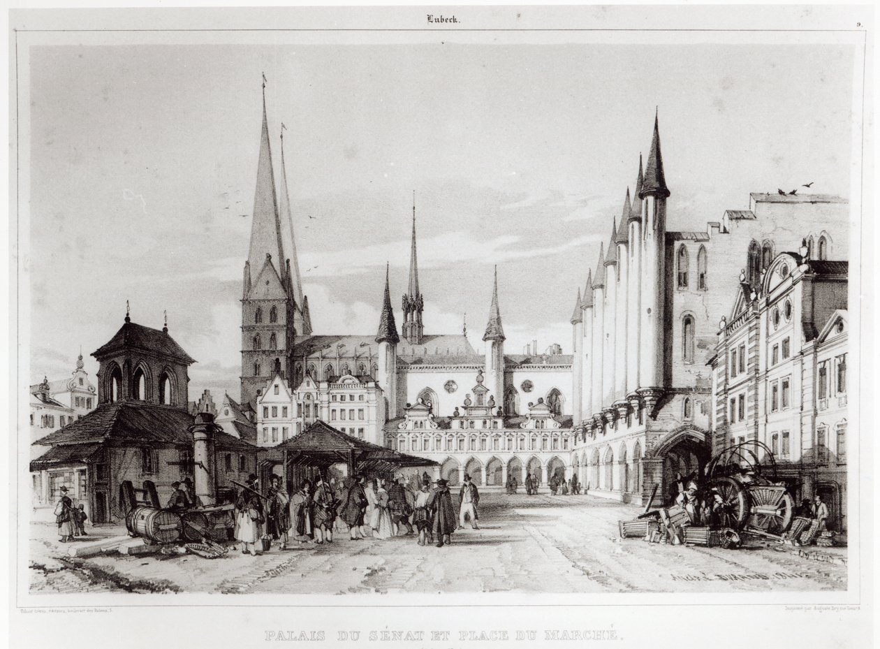 Senaten och marknadsplatsen i Lubeck, illustration från 