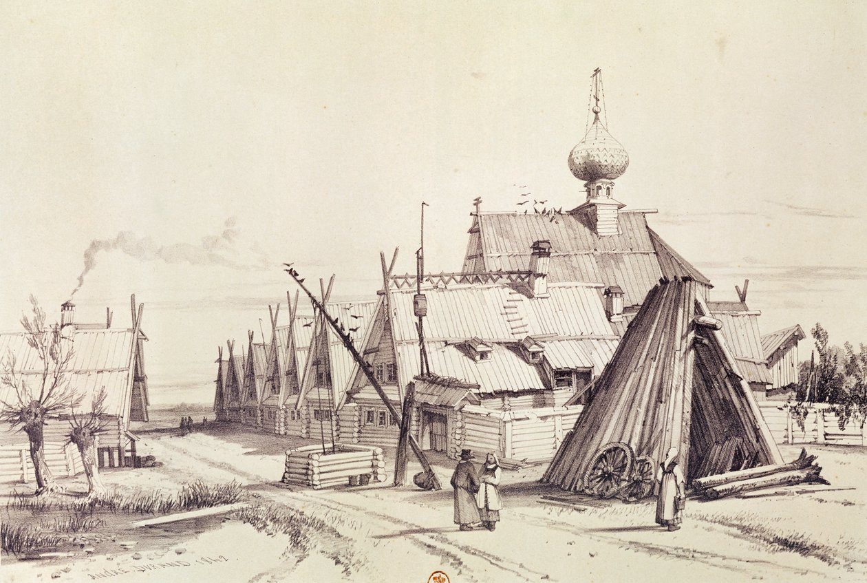 By på väg till Moskva, illustration från "Picturesque Voyage to Russia", 1839 av Andre Durand