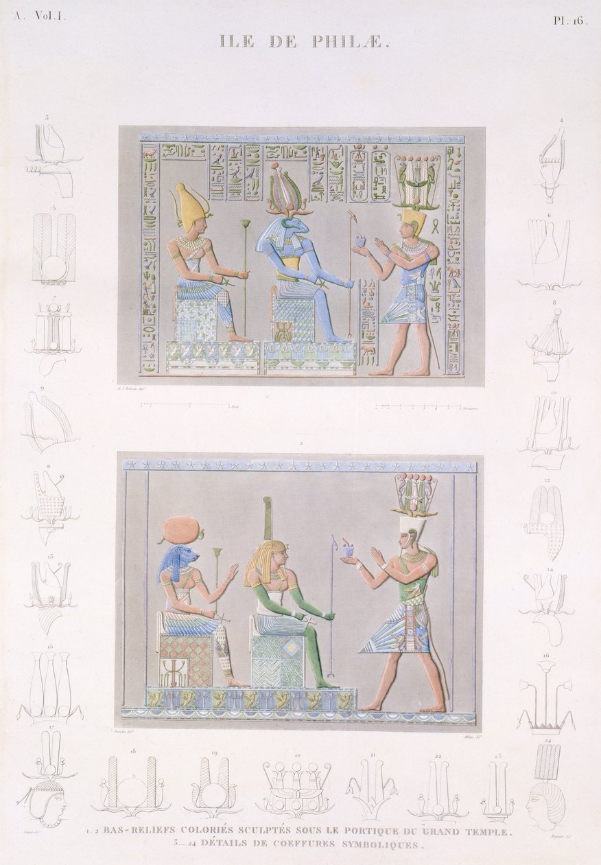 Färgade basreliefer skulpterade på portiken till det stora templet med detaljer om symbolerna, ön Philae, plåt 16 från Vol I av 