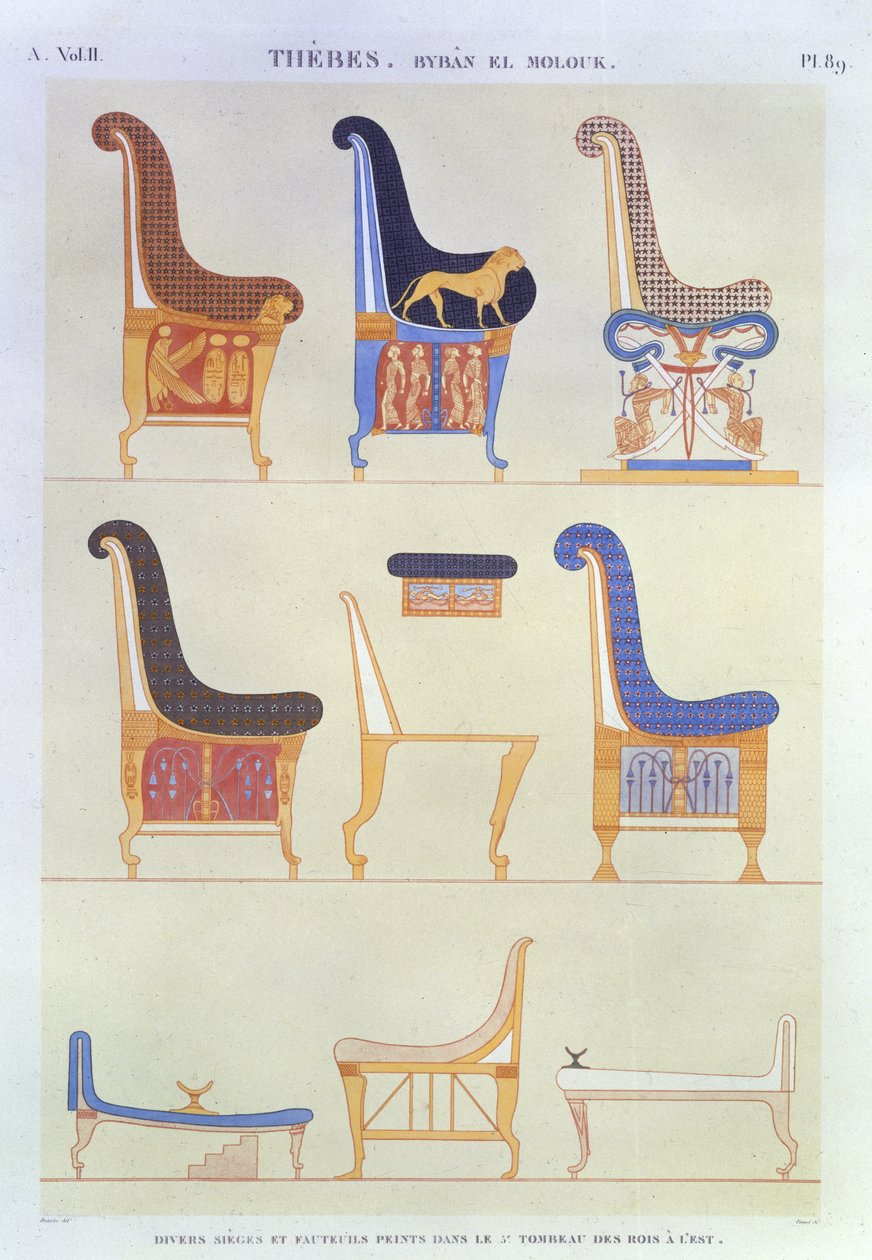 Illustrationer av olika målade säten och fåtöljer från 5:e kungarnas grav i öster, Byban el Molouk, plåt 89 från Vol II av `Descriptions of Egypt`, graverad av Pomel, 1822 (akvatint) av Andre Dutertre