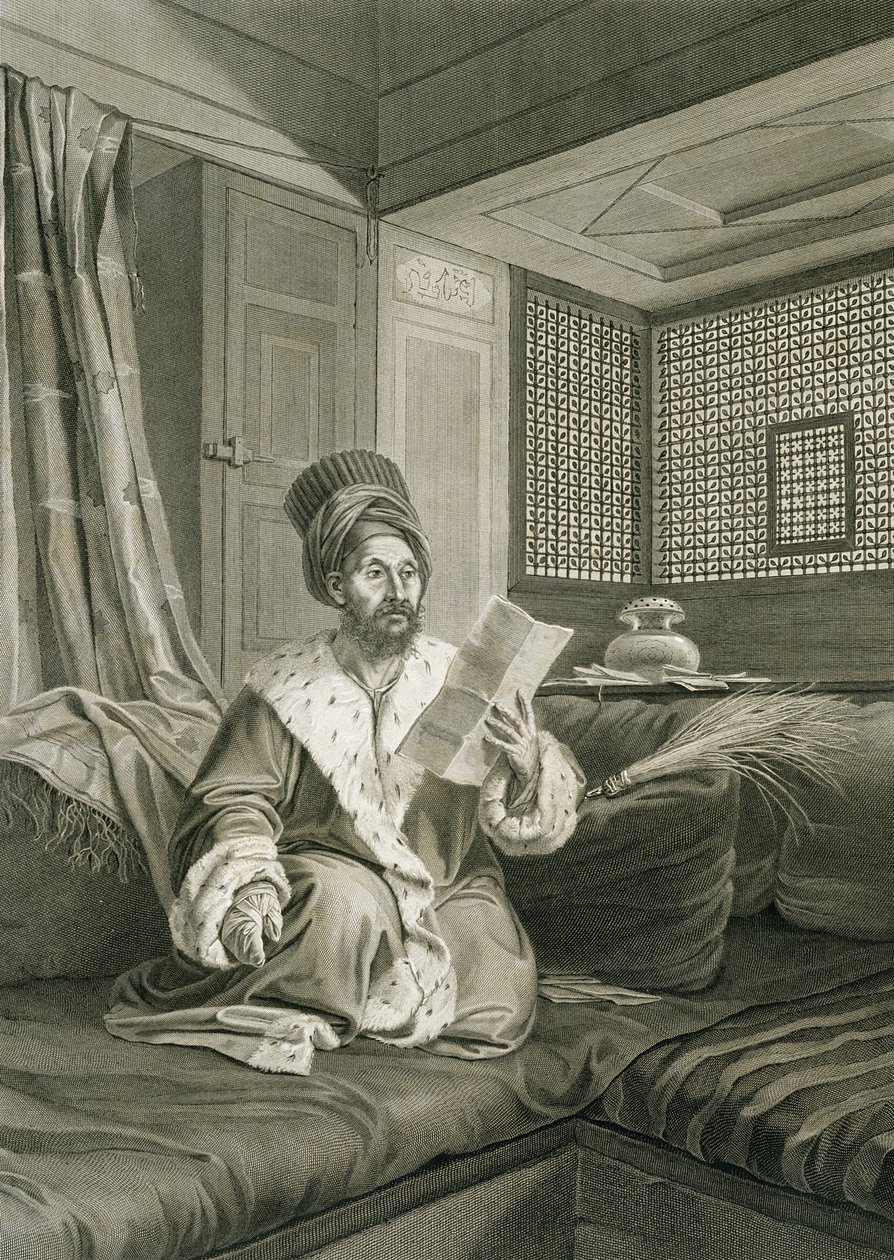 Said Mustapha Pasha sårad i slaget vid Aboukir, från Volym II Dräkter och porträtt av "Beskrivning av Egypten", graverad av Raphael Urbain Massard, pub. under order av Napoleon, 1822 (eng av Andre Dutertre