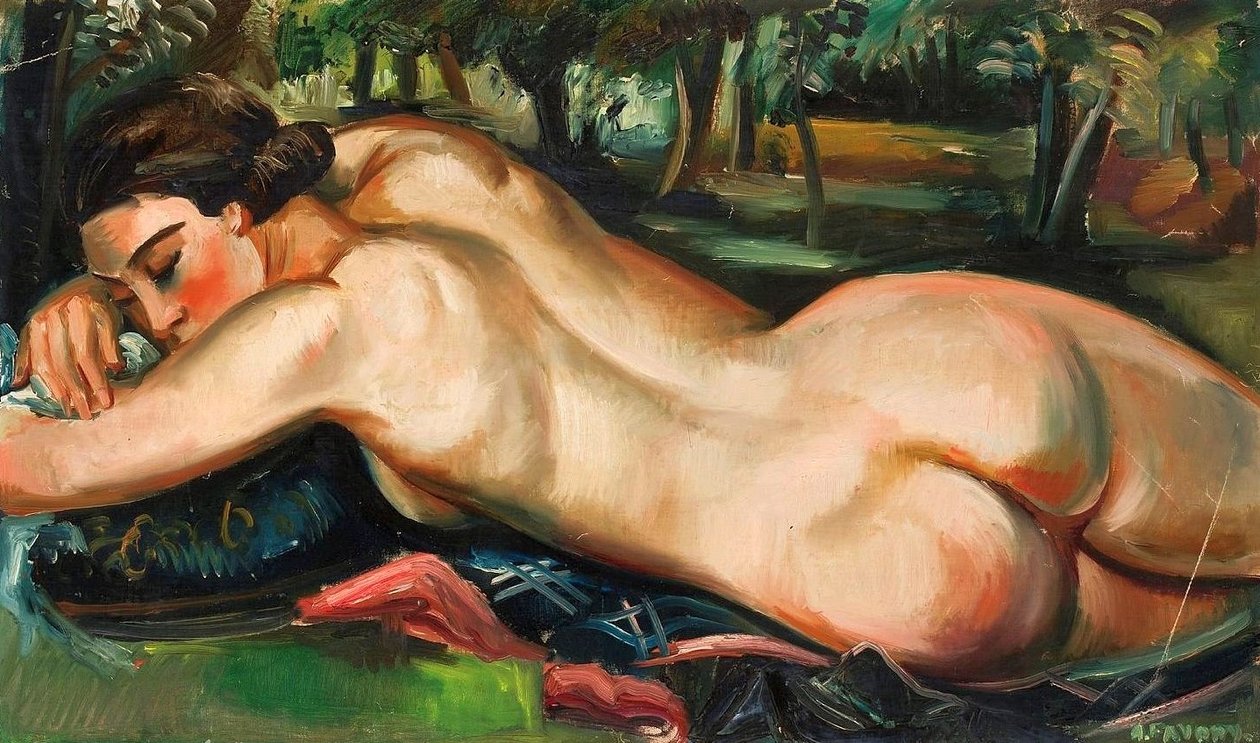 Reclining female nude.  av Andre Favory