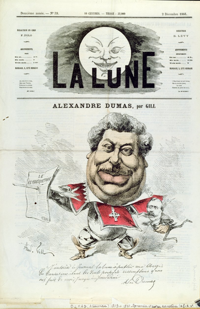 Karikatyr av Alexandre Dumas pere (1803-70) som en musketör, från framsidan av tidskriften 