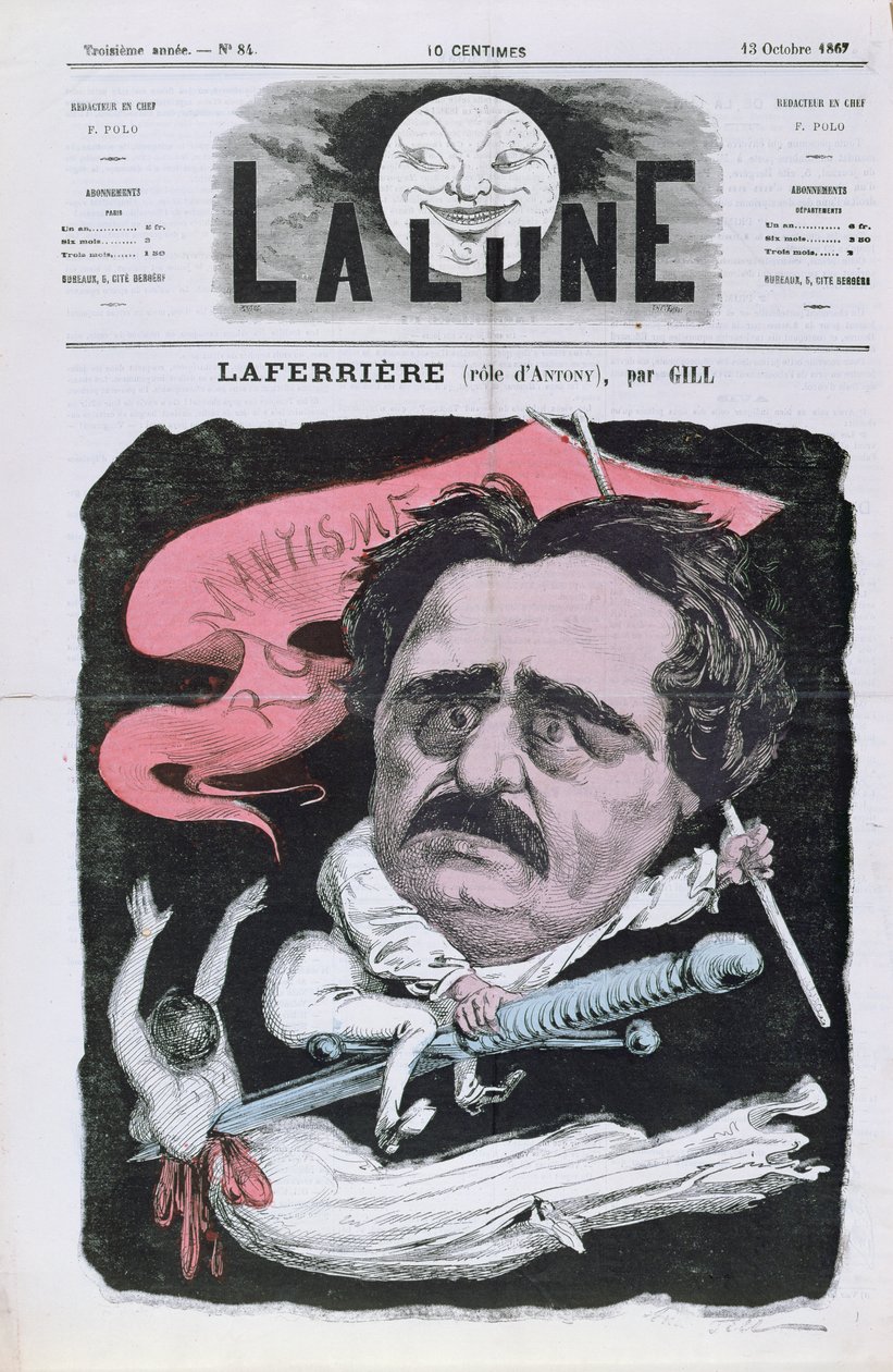 Karikatyr av skådespelaren Laferriere i rollen som Antony, från pjäsen med samma namn av Alexandre Dumas pere (1803-70) från framsidan av tidningen "La Lune", 13 oktober 1867 av Andre Gill