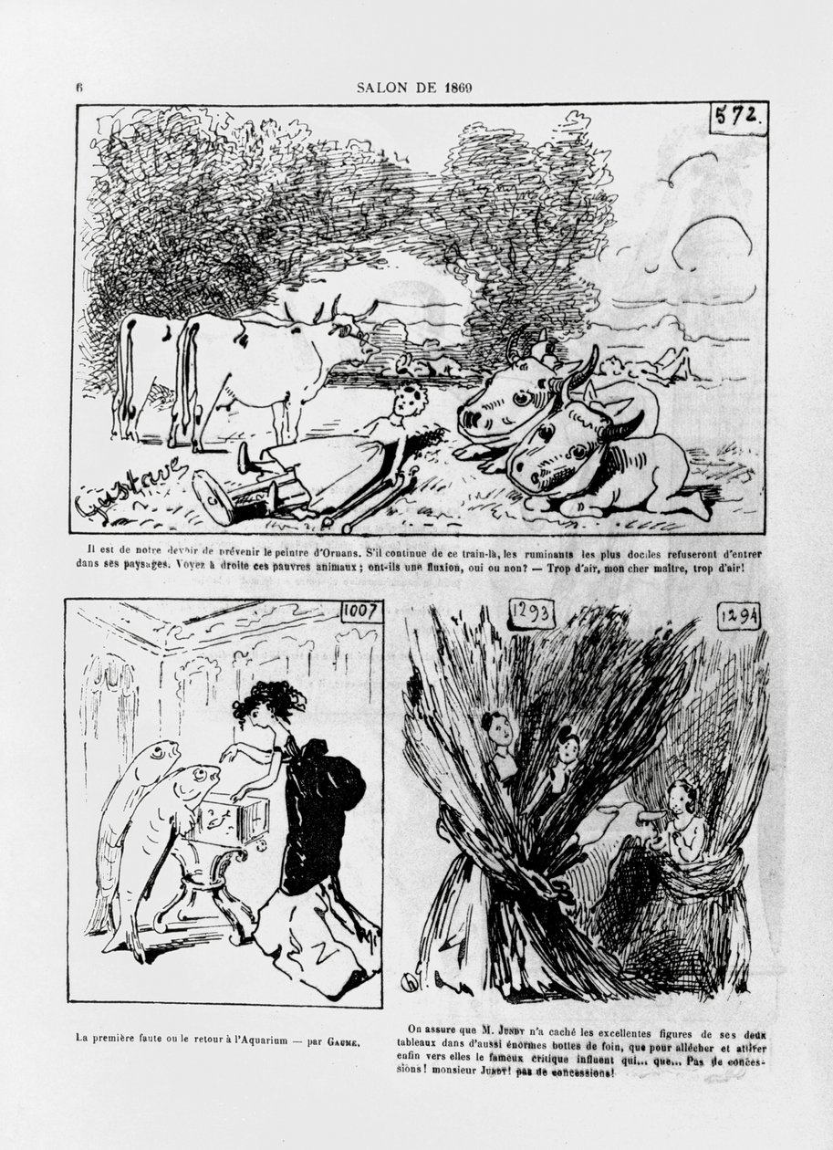 Karikatyrer av de franska konstnärernas verk, Courbet, Gaume och Jundt, från tidningen 