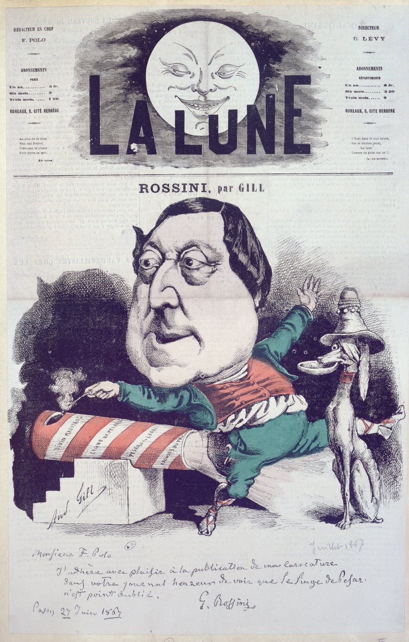 Framsidan av tidningen "La Lune" med en karikatyr av Rossini med ett budskap och autograf av kompositören, 27 juni 1867 av Andre Gill