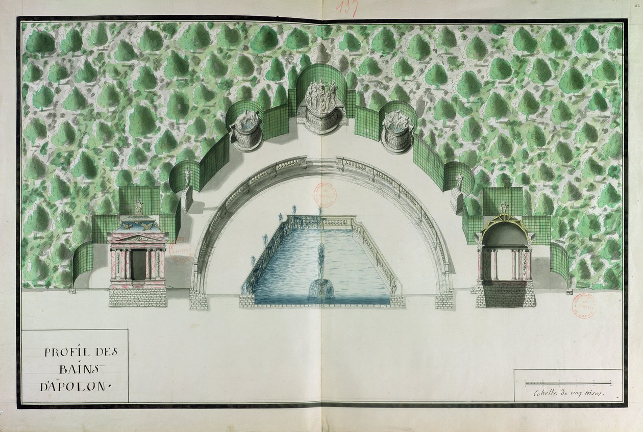 Ms 130752 Plan för Apollos bad i Versailles av Andre Le Notre