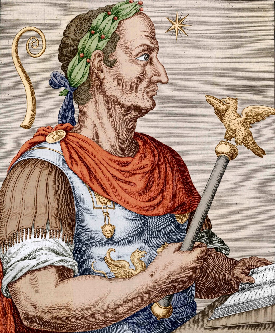 Julius Caesar, från "True Portraits and Lives of Illustrious Men" (färgad gravyr) av Andre (after) Thevet