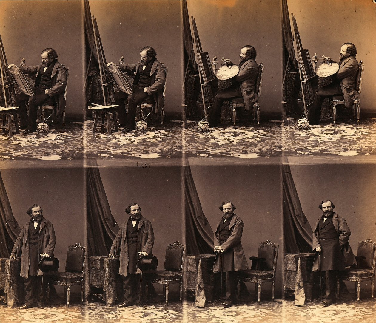 Porträtt av målaren Lepualle: ark med sex oslipade cartes de visite (s/v foto) av Andre Adolphe Eugene Disderi