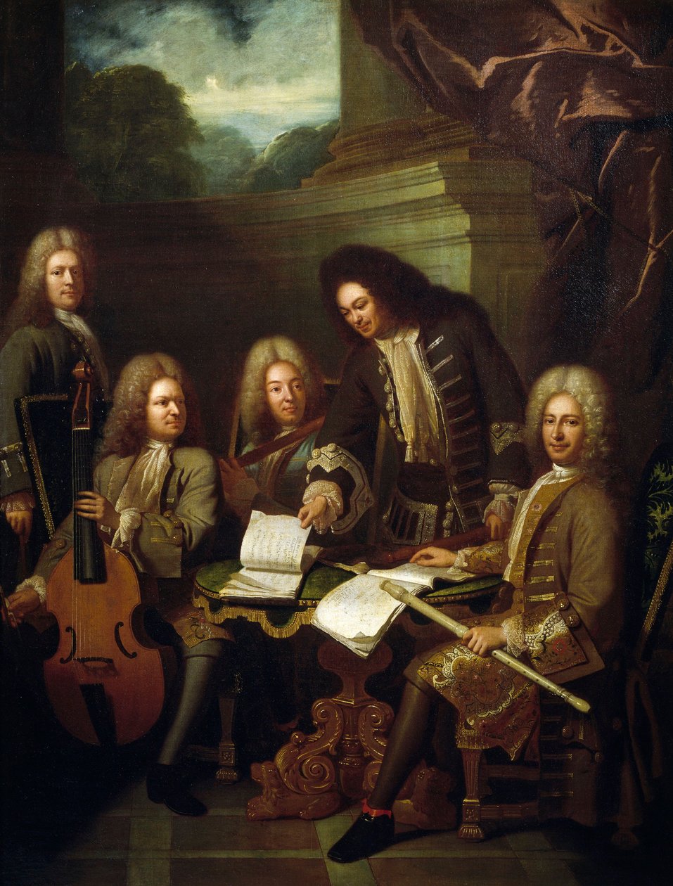 Kompositören Michel de la Barre som regisserar Marin Marais och flöjtisterna i Chamber of King av Andre Bouys