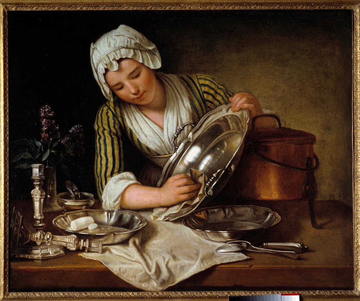 Servante asticant en maträtt eller "" La recureuse"" Målning av Andre Bouys (1656-1740) 1737 Paris, Dekorativ konst - Hustjänare som polerar silvret (eller "" La Recureuse"). Målning av Andre Bouys (1656-1740) av Andre Bouys