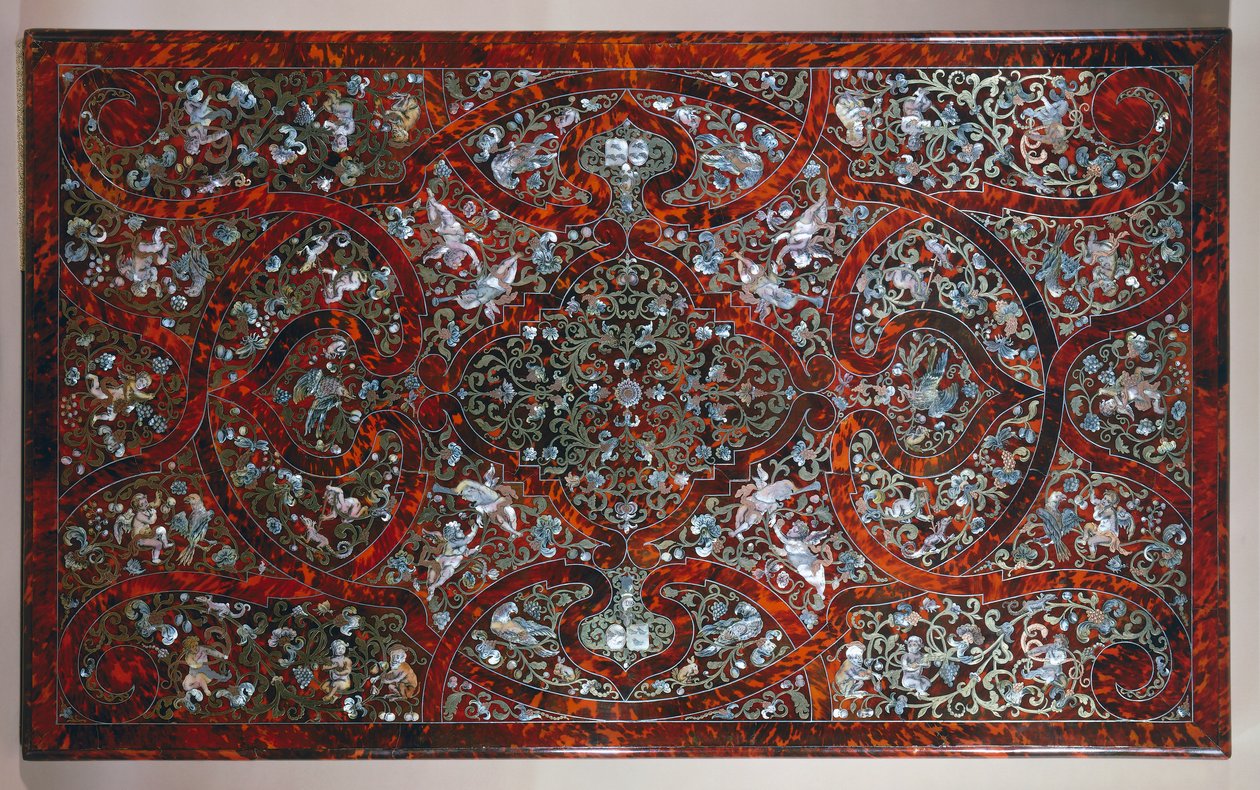 Encruced topp i stil med Andre-Charles Boulle, detalj av snidat och förgyllt bord, signerad P van Loose och M Verbiest, Nederländerna av Andre Charles Boulle