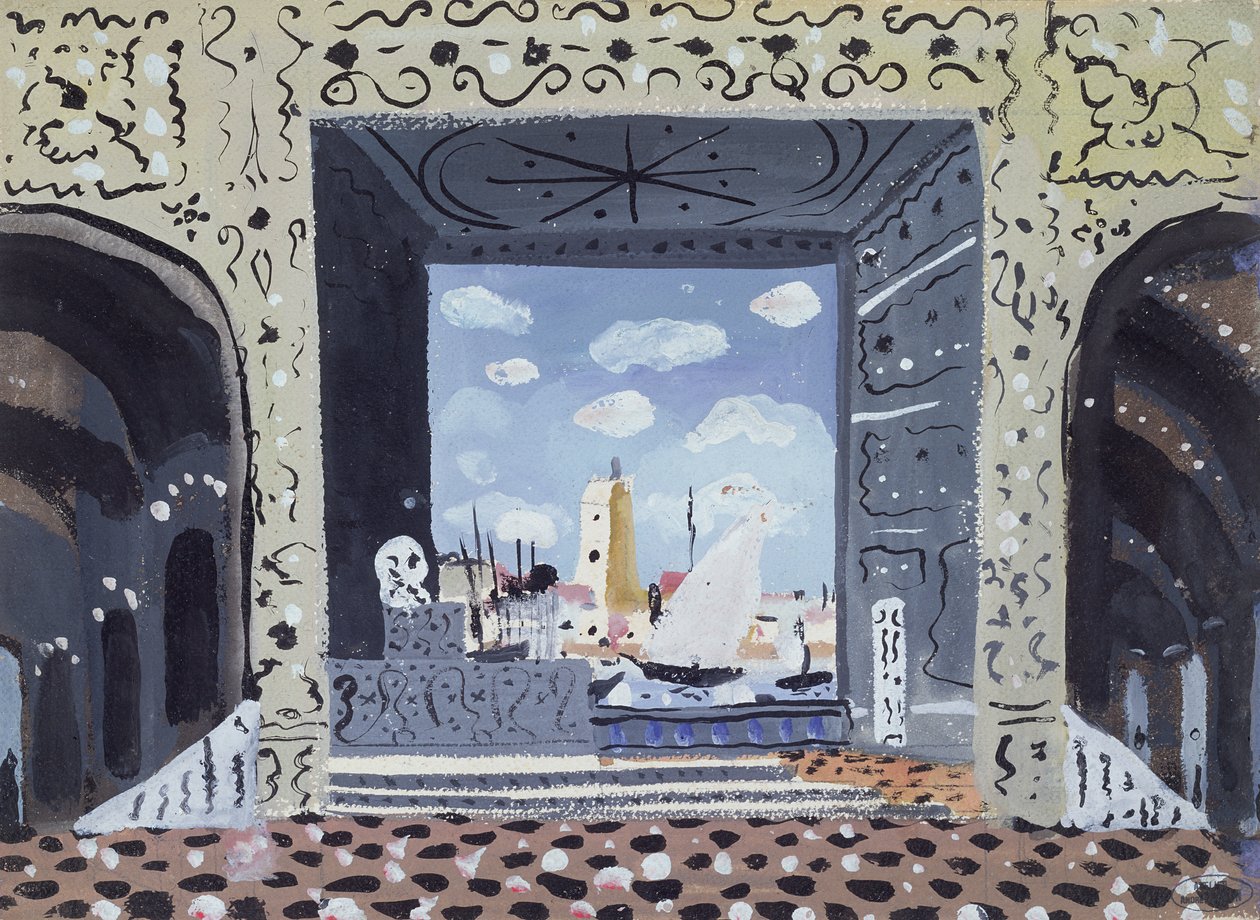 Scenografi för en föreställning av "Barberaren i Sevilla" i Paris (olja på pannå) av Andre Derain