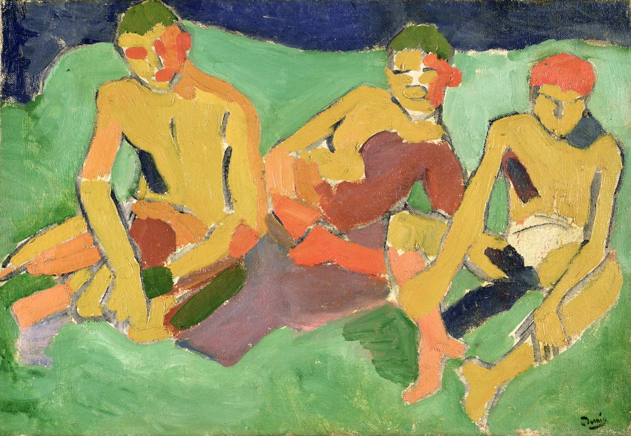 Tre figurer sittande på ett grässtrå (olja på duk) av Andre Derain