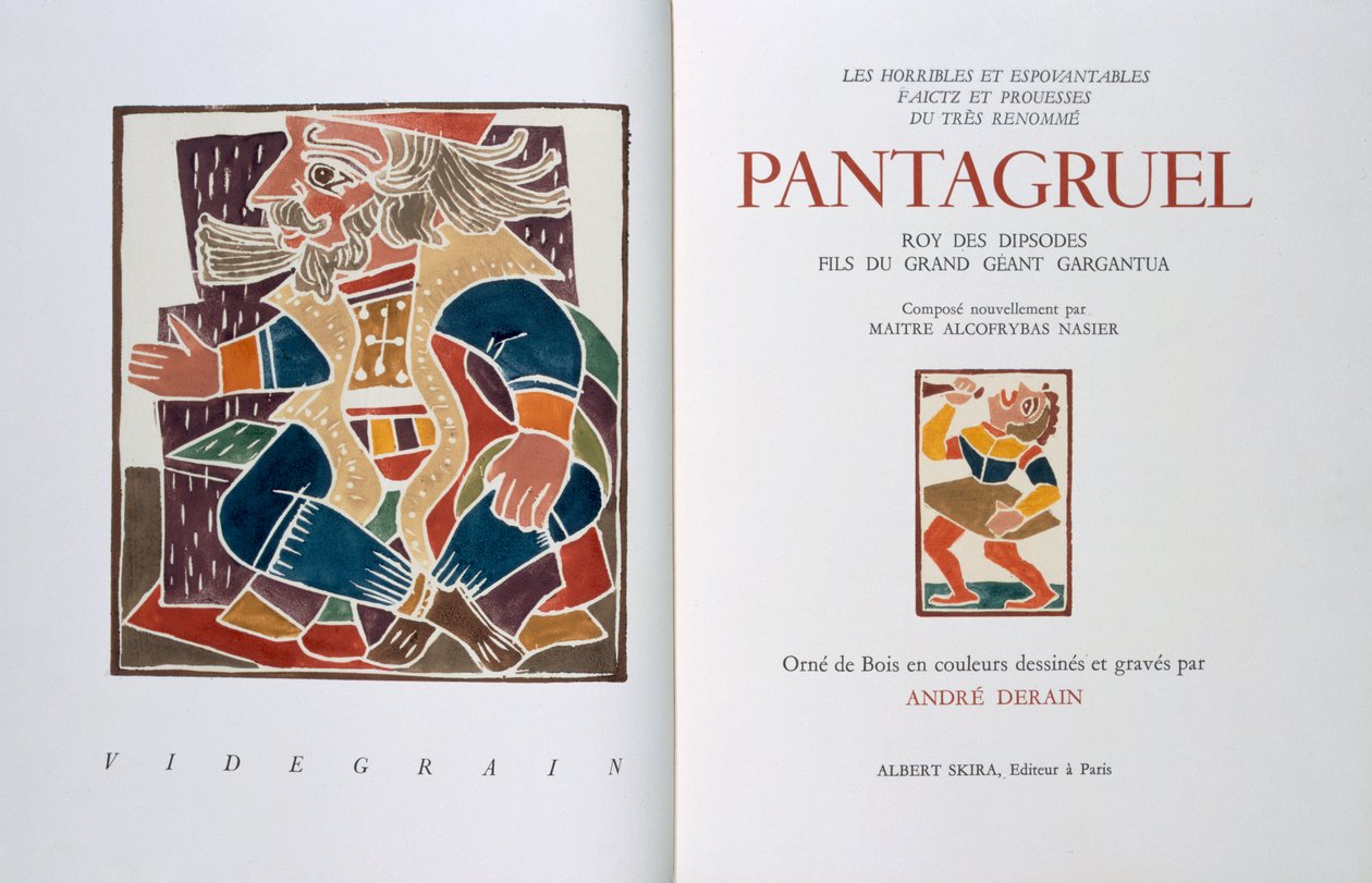 Titelsida till "Les horribles et espouvantables faictz et prouesses du tres renomme Pantagruel, Roy des Dipsodes, fils du grand geant Gargantua. Compose nouvellement par Maitre Alcofybras Nasier", av Francois Rabelais (ca 1494-1553) 1943 (träsnitt) av Andre Derain