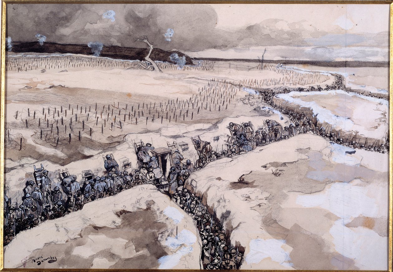 Innan en attack. Soldater i skyttegravarna strax före attacken vintern 1915 (akvarell och penna) av Andre Devambez