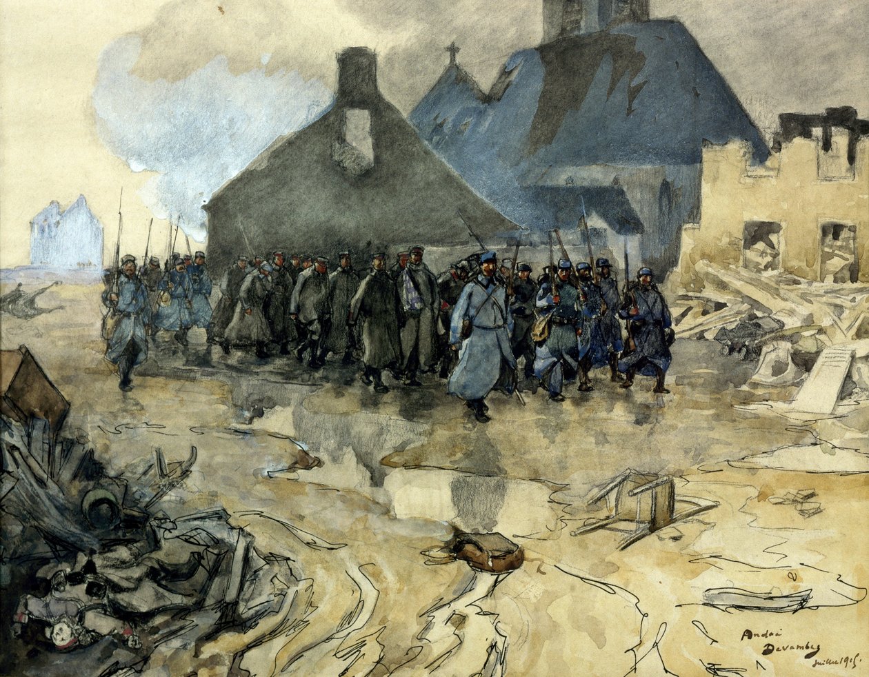 Första världskriget: patrullens återkomst, juli 1915 (eau forte) av Andre Devambez