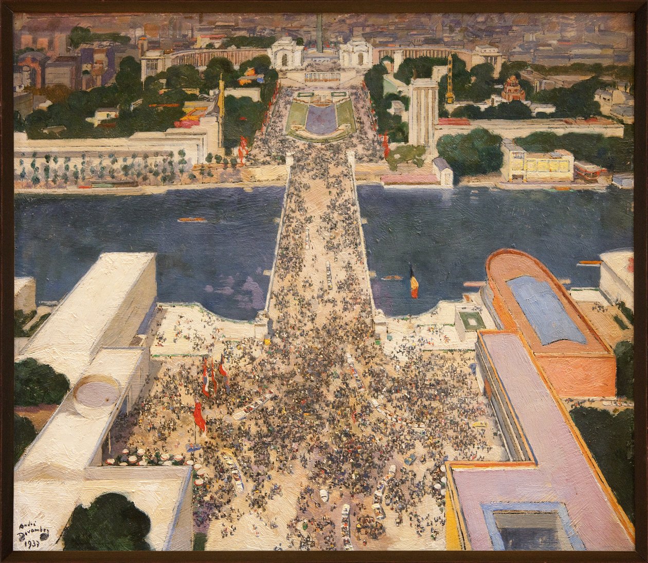 Den internationella utställningen 1937 sedd från Eiffeltornets andra våning, Vid foten av Chaillot-kullen står Sovjetunionens paviljonger till vänster och Nazitysklands paviljonger till höger mot varandra, Målning av Andre Devambez (1867-1944) - av Andre Devambez