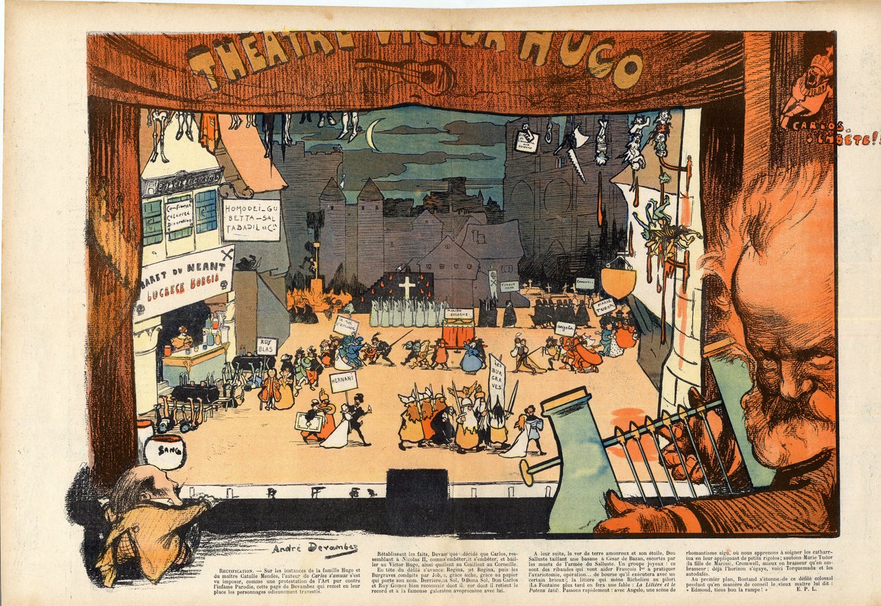 Teater av Victor Hugo av Andre Devambez (1867-1944) karikatyr i "" Le rire""" från 1902 av Andre Devambez