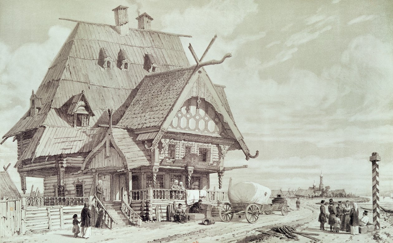 Hotell och pensionat, illustration från "Picturesque Journey to Russia", 1839 av Andre Durand