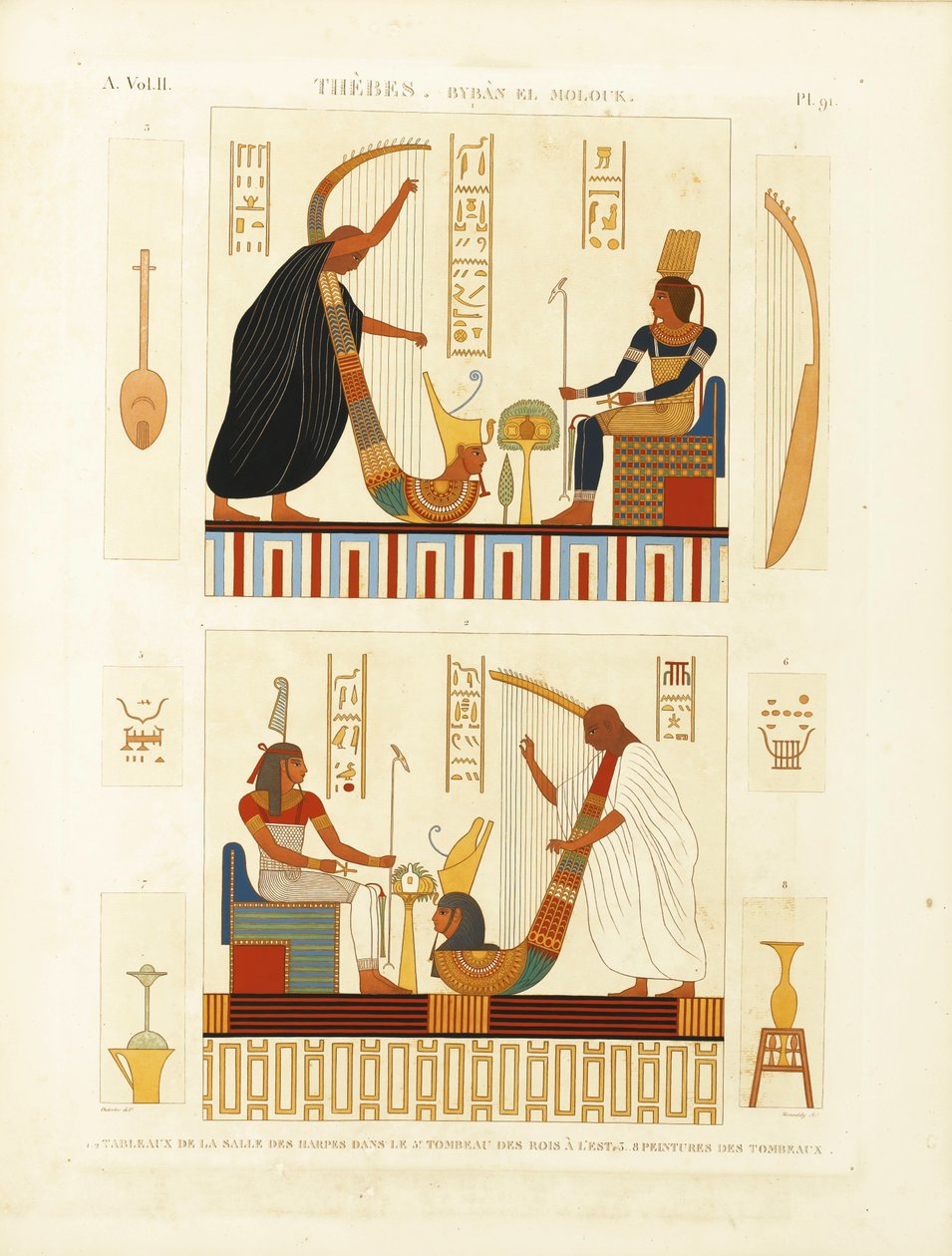 Målningar av två harpar i farao Ramses III:s grav i Konungarnas dal. Från D av Andre Dutertre