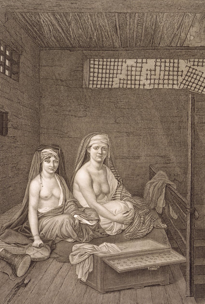De offentliga dansarna, från volym II kostymer och porträtt av "beskrivning av Egypten", graverade av Jean Baptiste Massard, pub. under order av Napoleon, 1822 av Andre Dutertre