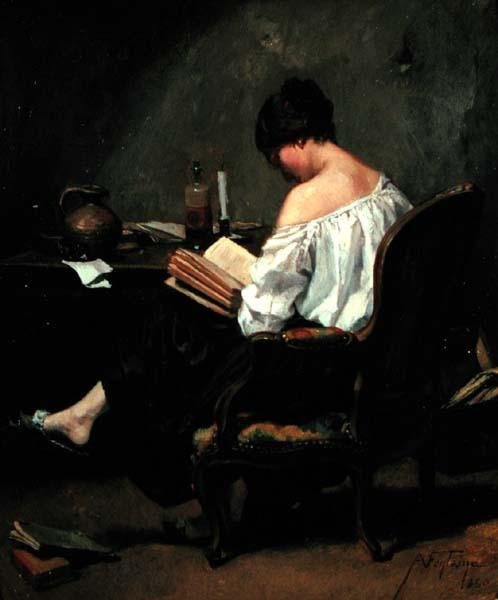 Tjej som läser med levande ljus av Andre Fontaine