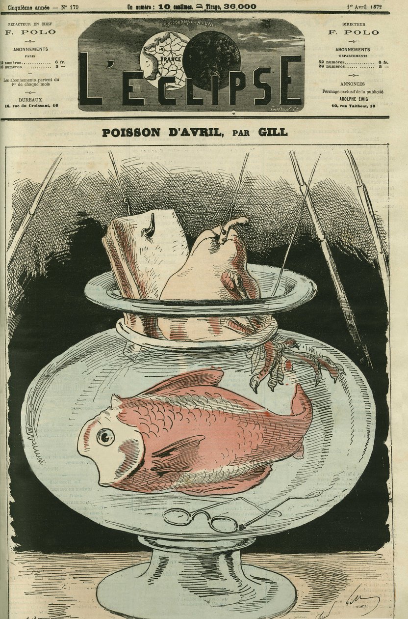 Aprilfisk, fisken är Adolphe Thiers (1797-1877). Omslag i "" L