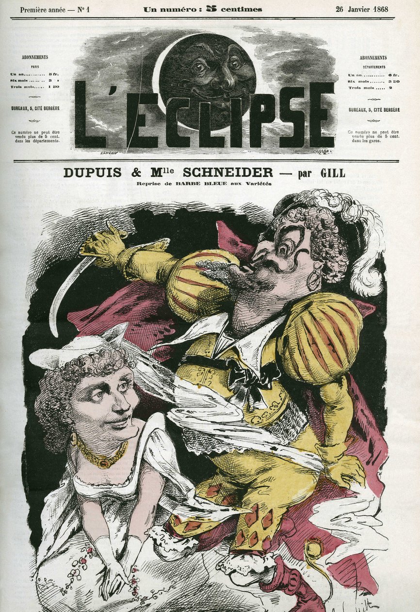 Beard-Bleue, operamat på Offenbachs musik på Varietes-teatern, med Dupuis som "Beard-Bleue" och Hortense Schneider som Boulotte. Omslag i "" L