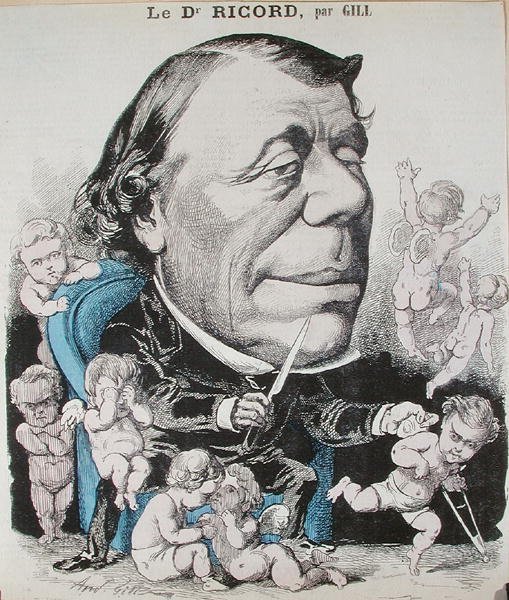 Karikatyr av Dr Philippe Ricord (1800-89) (färgad gravyr) av Andre Gill