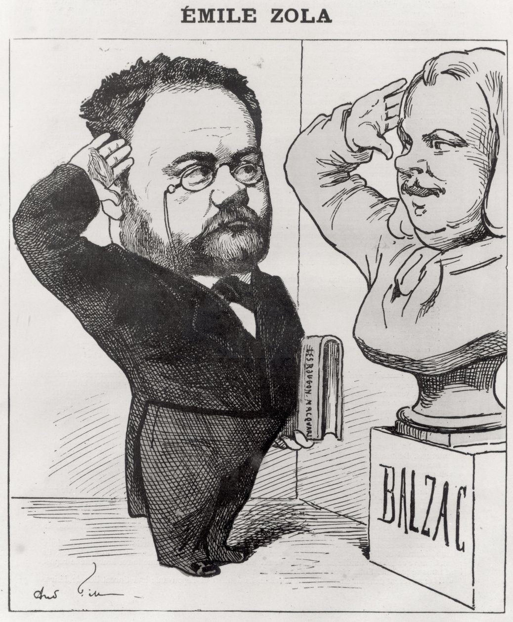 Karikatyr av Emile Zola (1840-1902) Saluting a byst of Honore de Balzac (1799-1850) 1878 av Andre Gill