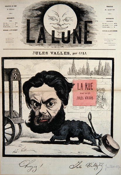 Karikatyr av Jules Valles omslagsillustration från tidningen "La Lune", juli 1867 (lito i färg) av Andre Gill