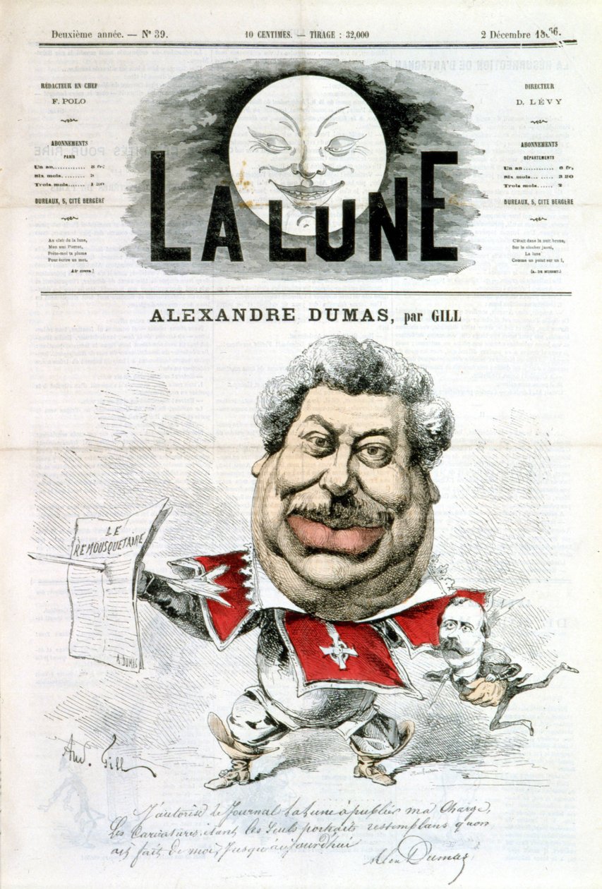 Tecknad film och autograf av Alexandre Dumas - av Gill i "La Lune"" från 1866-12-02 av Andre Gill