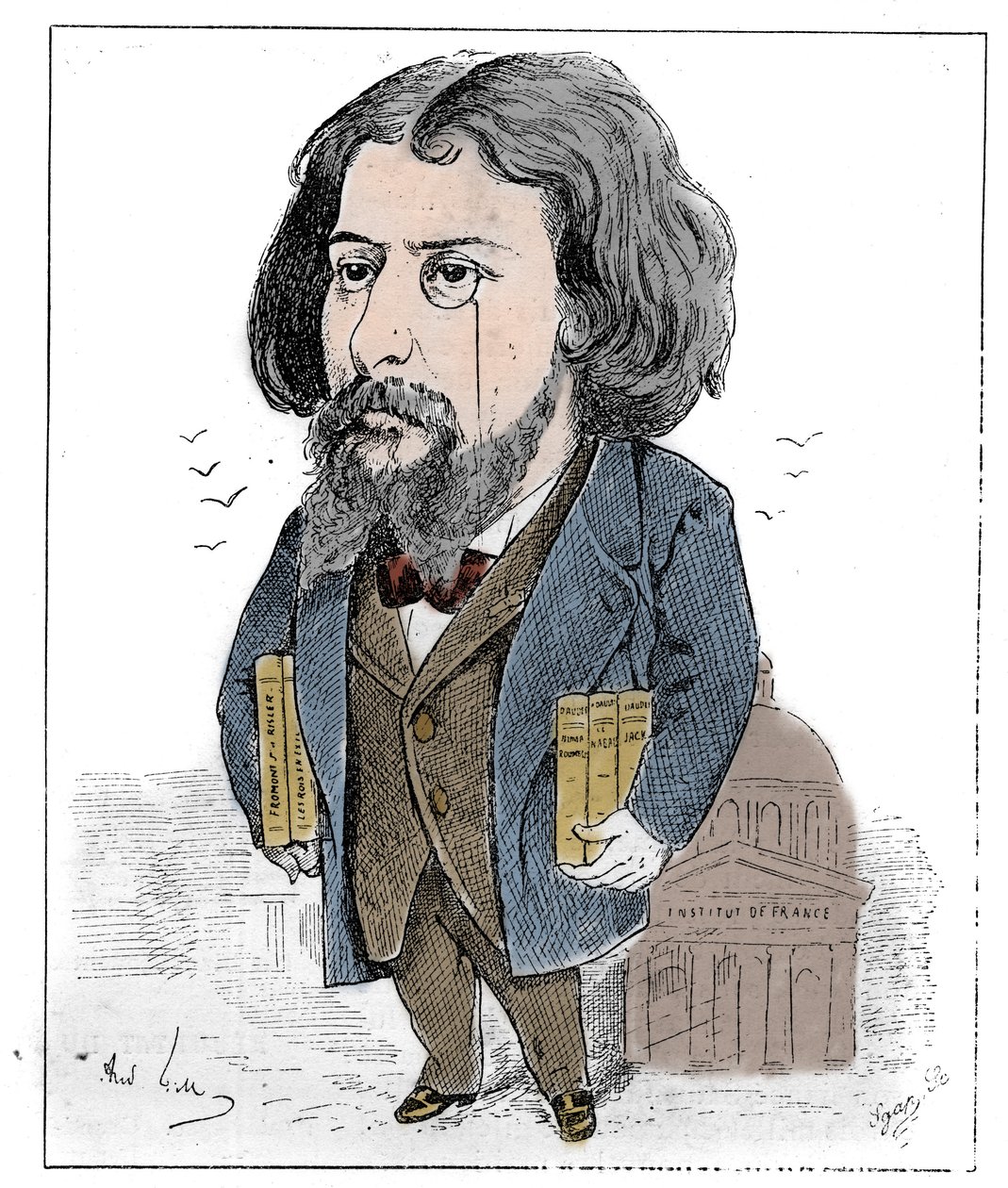 Tecknad av Alphonse Daudet (1840-1897), en fransk författare, representerad med sina böcker och sin monokel inför Institut de France i Paris. Teckning av Andre Gill. Gravyr i "" Le Monde Illustré"" av Andre Gill