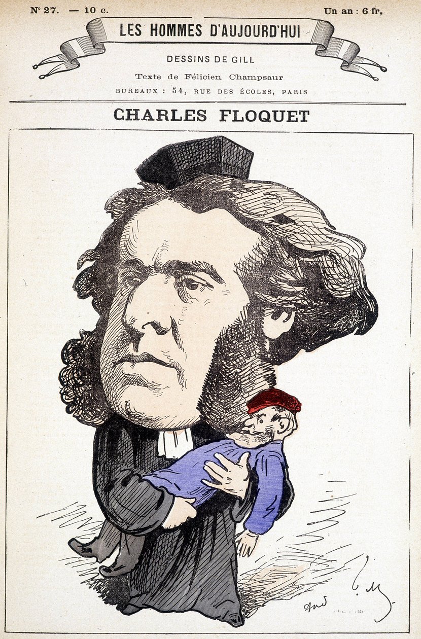 Tecknad av Charles Floquet (1828-1896), advokat och ordförande för rådet mellan 1888 och 1889. Han sårade general Boulanger i en duell, vars idéer han kämpade. Teckning av Gill i "The Men of Today"". av Andre Gill