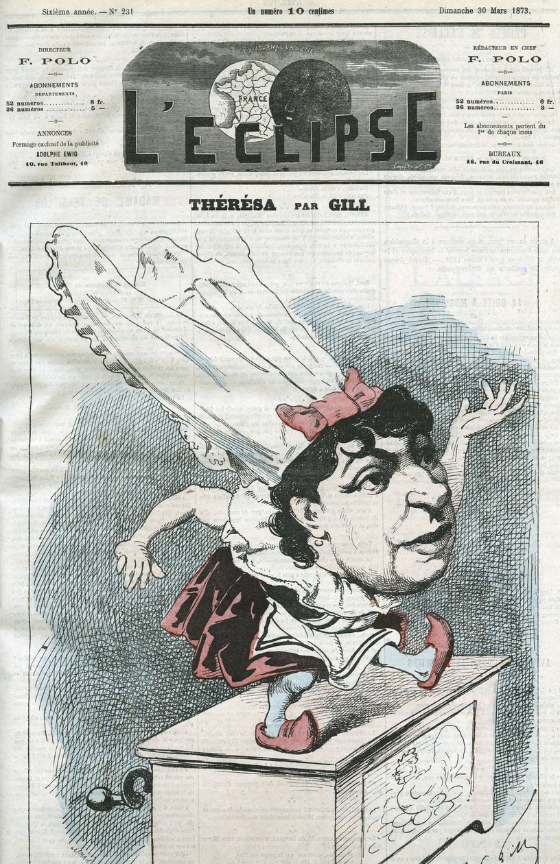 Tecknad film av Emma Valendon kallad Theresa (1837-1913), fransk populär sångerska. Omslag i "" L