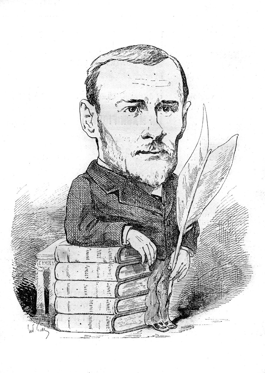 Tecknad av Georges Ohnet (1848-1918), en fransk författare som representerar med sina böcker och penna. Teckning av Andre Gill. Gravyr i "" Le Monde Illustré"" av Andre Gill