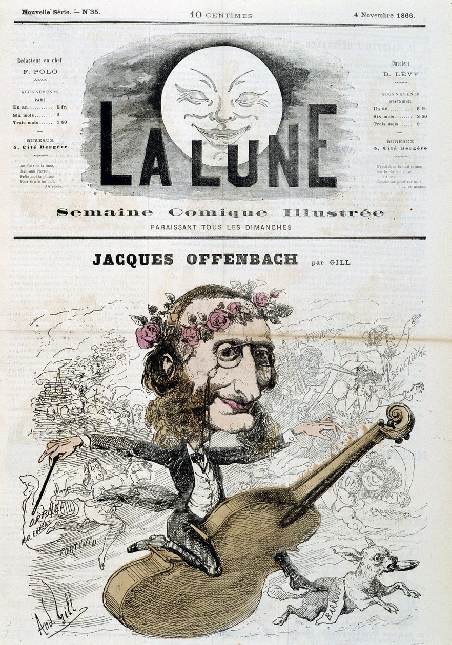 Tecknad av Jacques Offenbach (1819 - 1880), ridande på fiol - av Gill i "" La Lune"" från 1866-04-11 av Andre Gill
