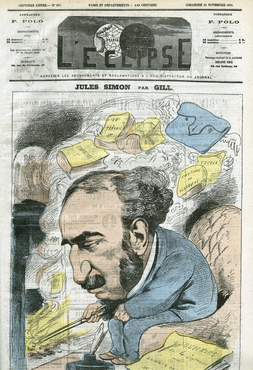 Tecknad av Jules Simon (1814-1896), politiker, filosofisk historiker, filosof, fransk essäist. Omslag i "" L