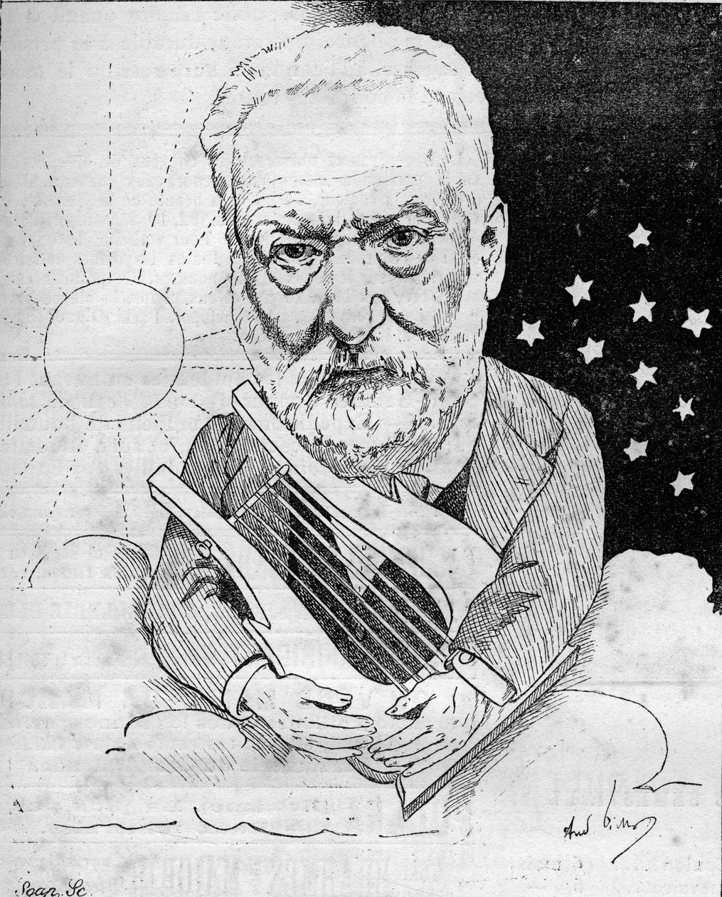 Tecknad film av Victor Hugo (1802-1885), en fransk författare, skildrar med en lyra på ett moln på himlen mellan dag och natt. Teckning av Andre Gill. Gravyr i "" Le Monde Illustré"" av Andre Gill