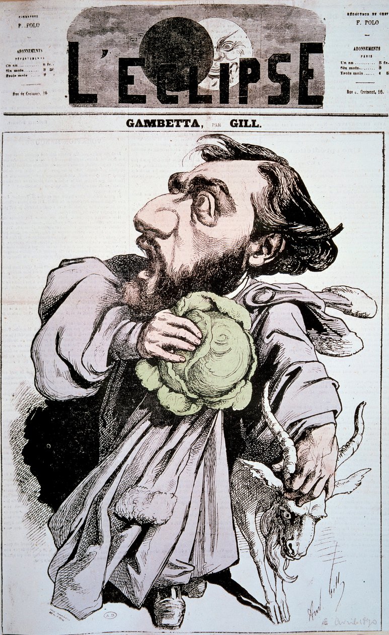 Tecknad film föreställande Leon Gambetta (1838-1882), en fransk politiker. Teckning av Andre Gill (1840-1885) i "" L