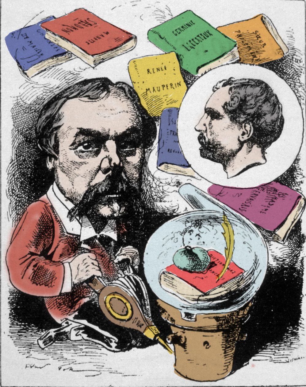 Tecknad film föreställande den franske författaren Edmond de Goncourt (1822-1896). Ritning av Gill publicerad i "" L
